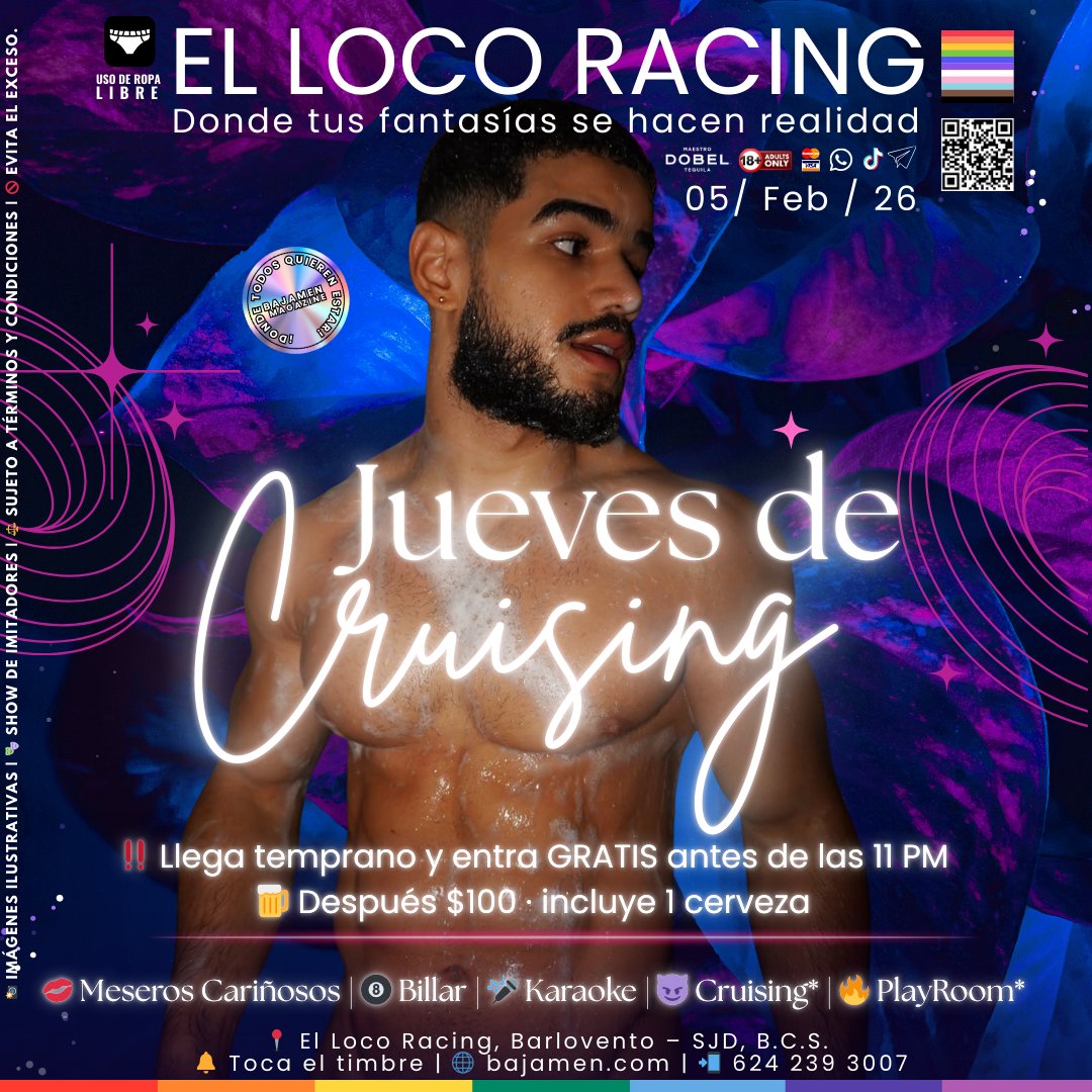 gaybajamx's tweet photo. 😈 JUEVES DE CRUISING 🔥
Ven con ligue… o encuéntralo aquí 😉
🩲 Dress free
🎤 Karaoke | 🎱 Billar | 💋 Meseros cariñosos
‼️ NO COVER antes de 11PM
📍 BajaMen Club @ El Loco Racing
#BajaMen #CaboGayGuide https://t.co/6yNRuduvxl