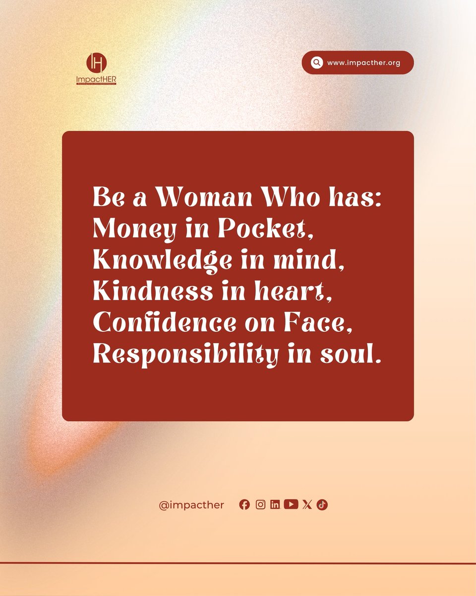 ImpactHERAfrica's tweet photo. Greatness, A woman who knows her worth, grows her mind, secures her bag, and leads with kindness
That’s the kind of woman we’re becoming.

Which one are you working on right now? 💭👇🏽

#ImpactHER #WomenEmpowerment #WomenWhoLead #Confidence https://t.co/J2AweEKbuT