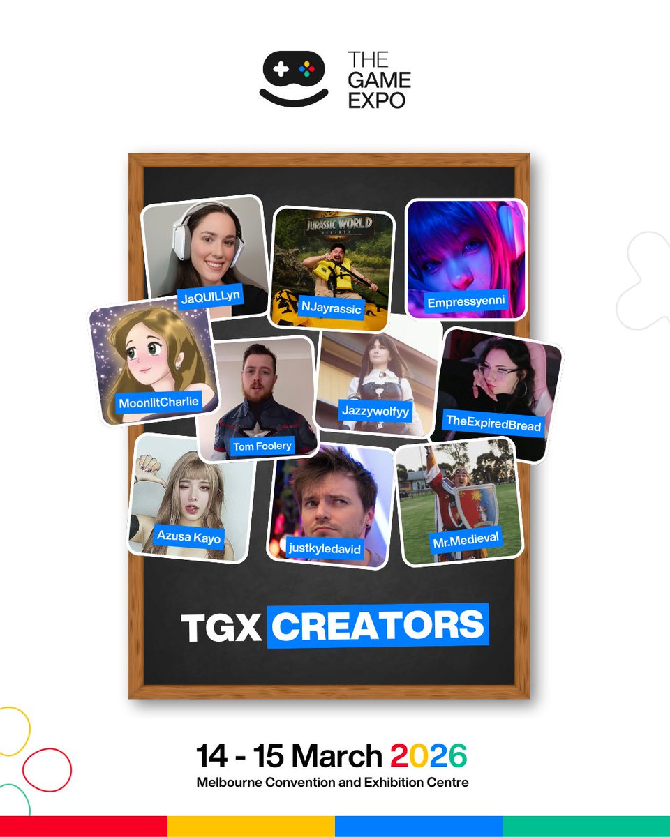 TheGameExpo's tweet photo. Another wave of creators for #TGX 2026 have arrived!
Get ready to meet these friendly creator faces at #TheGameExpo 📸

JaQUILLyn, @NJayrassic @EmpressYenni 
@MoonlitCharlie tom_foolery_cosplay @JazzyWolfyy @theexpiredbread 
@azusakayo @justkyledavid Mr.Medieval https://t.co/w9PiN2yqDR