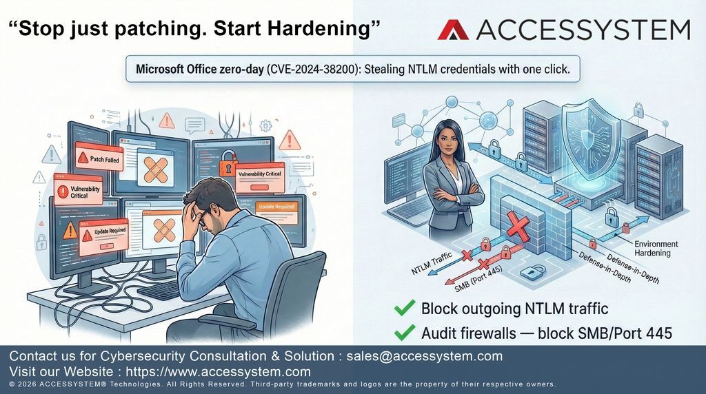 ACCESSYSTEM_IT's tweet photo. Stop just patching. Start hardening.
The recent Microsoft Office zero-day (CVE-2024-38200) proves an uncomfortable truth if your security strategy relies entirely on "Patch" you are already behind
sales@accessystem.com

#CyberSecurity #CISO #RiskManagement #Microsoft #ACCESSYSTEM https://t.co/DZTCmGMmq8
