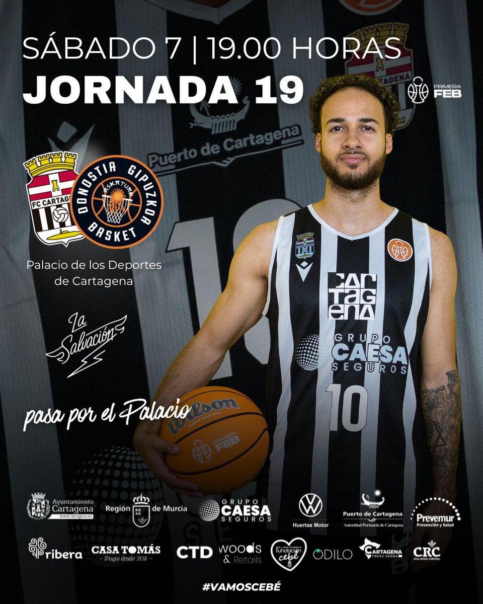 🏳️ SÁBADO 🫵🏻 𝑪𝑬𝑩É 🏴

¡𝓛𝓪 𝓢𝓪𝓵𝓿𝓪𝓬𝓲ó𝓷 pasa por el palacio!

🗓️ Sábado 7 Febrero 
⌚️ 19:00
🏟️ Palacio deportes Cartagena 
🆚 <a href="/gipuzkoabasket/">Inveready Gipuzkoa Basket</a> 

#VamosCebé 🤍🖤