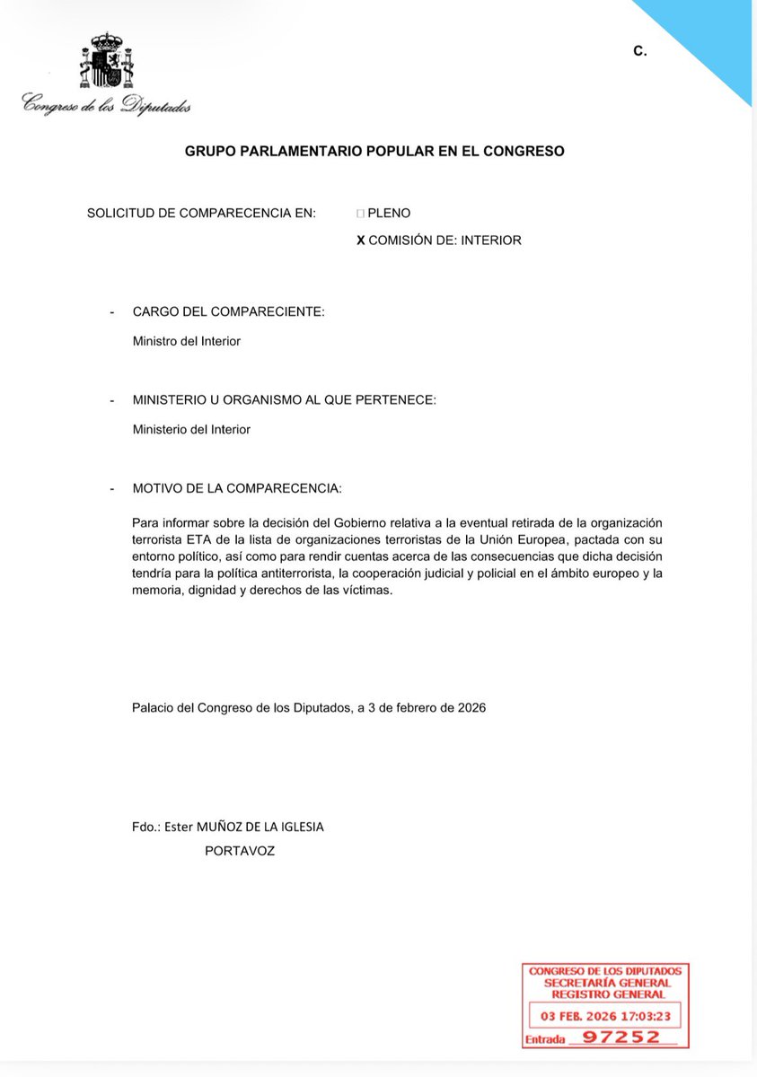 Solicitamos la comparecencia urgente de Marlaska por sus maniobras para pedir a la UE la retirada de ETA de la lista de organizaciones terroristas. 
Es nauseabundo el blanqueamiento del Gobierno de ETA, por el sillón en Moncloa. Indignidad Absoluta!!