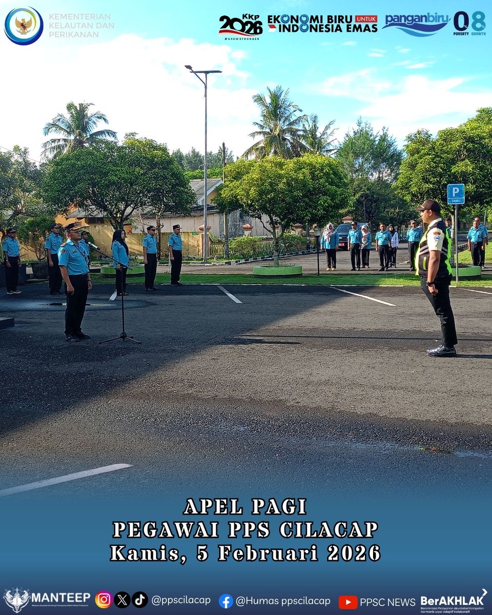 ppscilacap's tweet photo. Apel Pagi Pegawai PPS Cilacap, Kamis (5/2/2026). Pembina Apel Yakni Syahbandar PPS Cilacap  dengan menyampaikan terkait Program dan Kebijakan Penangkapan Ikan Terukur serta Pelaksanaan Probis Level 3 di PPS Cilacap. 

#DJPTDisiplin #DJPTBerdedikasi #DJPTBerprestasi #ppscmanteep https://t.co/dp2TzFOgTj