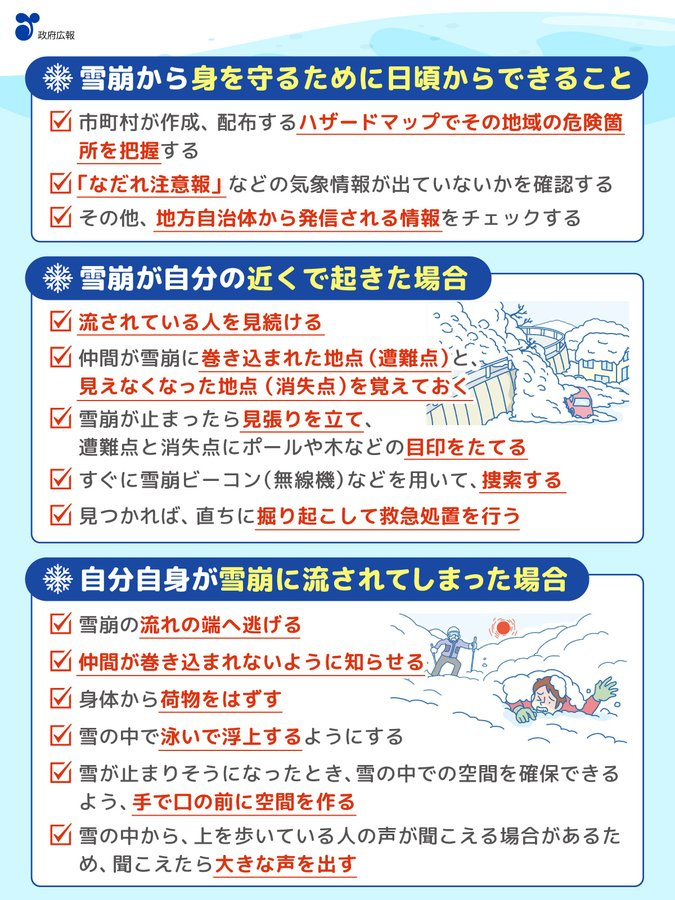 【大雪による雪崩に注意】
大雪により積雪が多くなっている地域では、雪崩に注意が必要です。
▼雪崩から身を守るための注意ポイントはこちら（画像提供：政府広報オンライン）