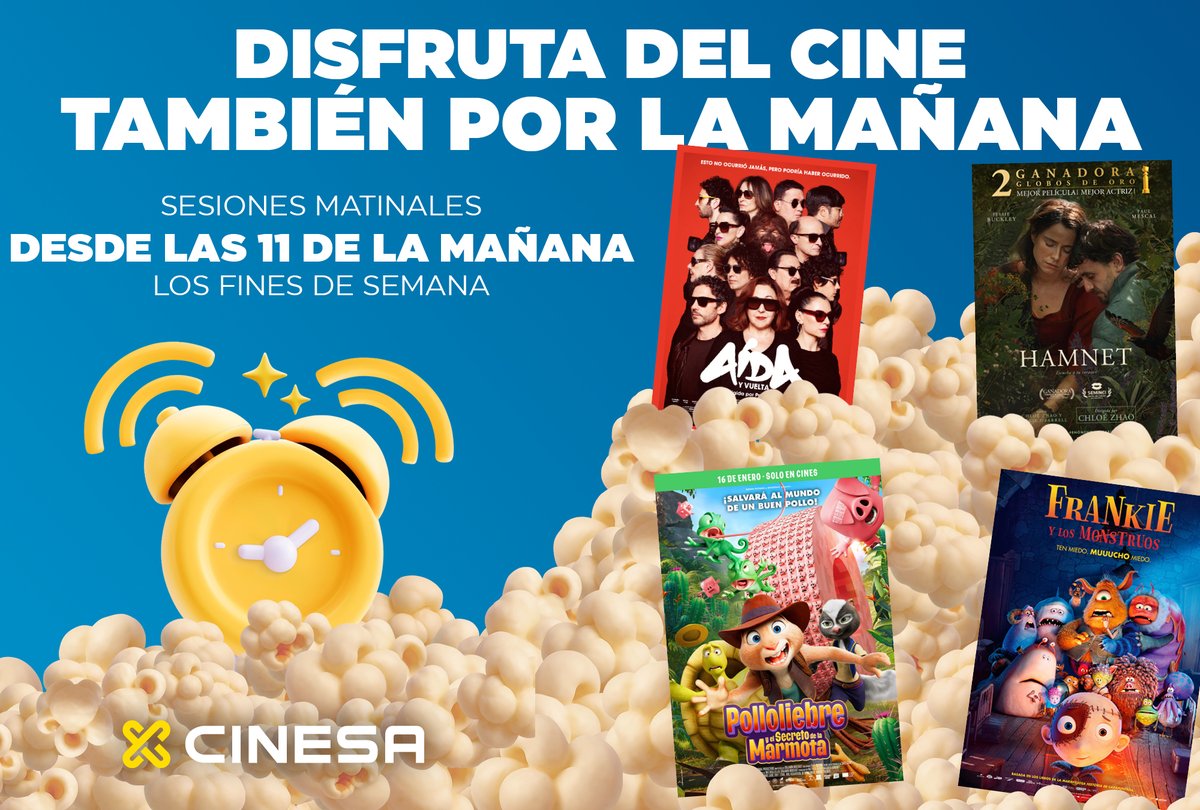 Cinesa's tweet image. Los fines de semana disfruta del cine también por la mañana 🌞🍿
¡A partir de las 11h de la mañana en cines seleccionados!
Consulta y compra tus entradas en 👉 cinesa.es.