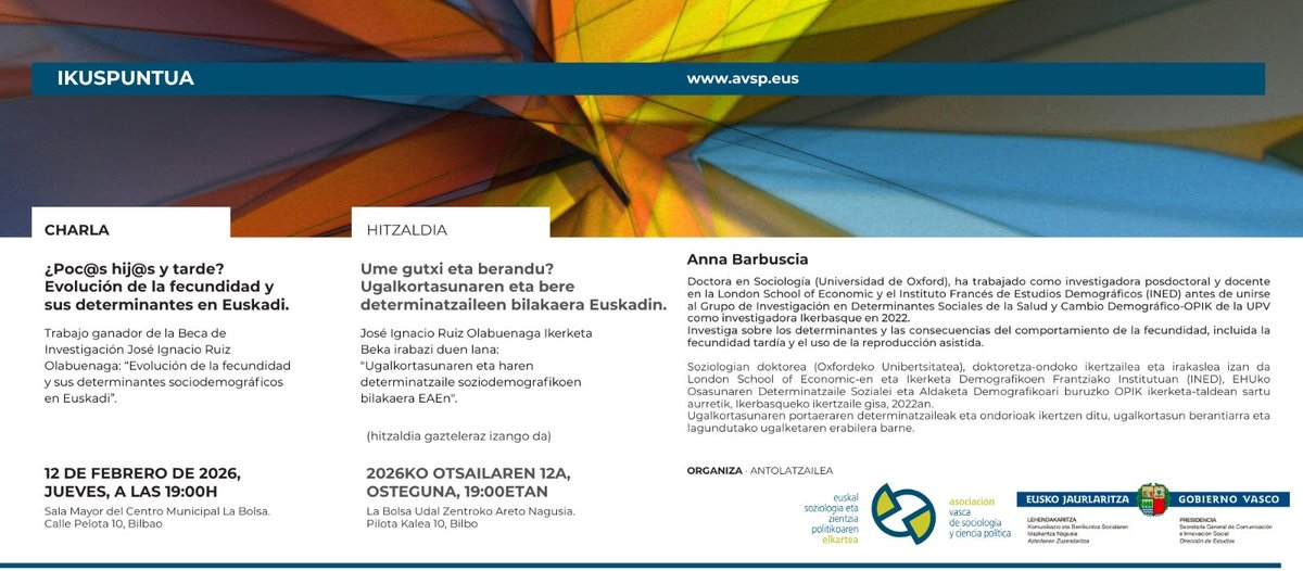 Opik_ikerketa's tweet photo. 📅El jueves 12 de febrero en el Centro Municipal la Bolsa (Casco Viejo) 

🗣️Anna Barbuscia (@AnnaBarbuscia) hablará de la evolución de la fecundidad en Euskadi en las ultimas décadas y sus determinantes

Organiza la Asociación Vasca de Sociología y Ciencia Política https://t.co/2mta0JBetS