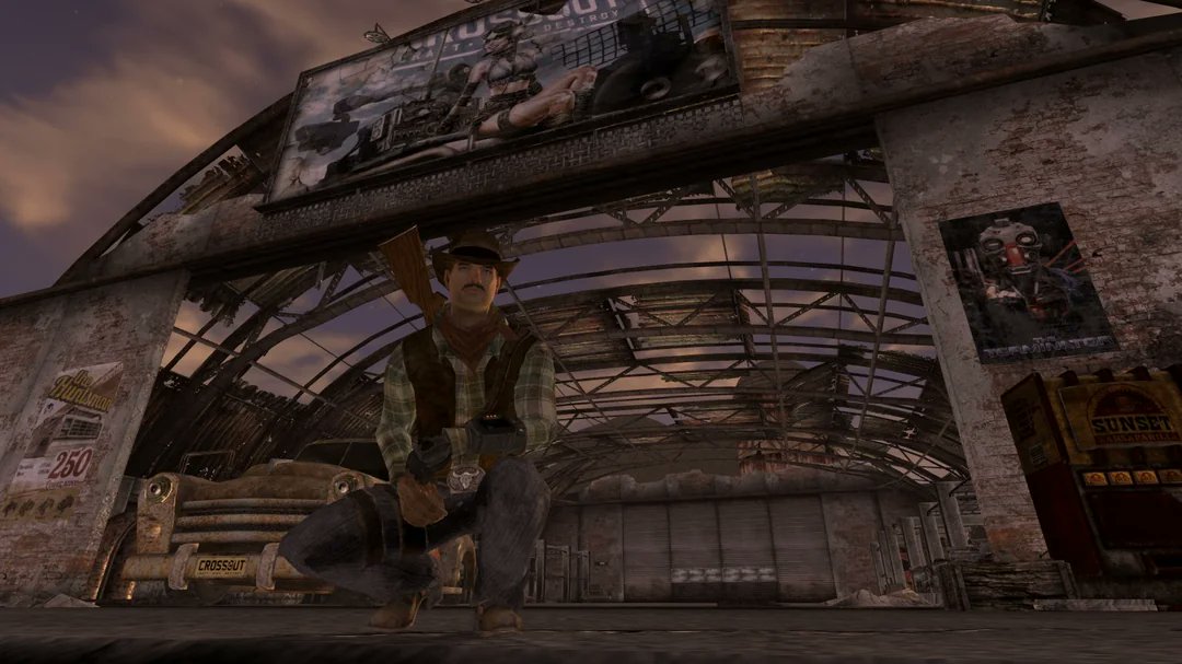 CROSSOUT_EN's tweet photo. 🤔 Crossout: New Vegas when?

😎 Member of our Reddit community RexLincolnFreeloader is transferring structures from Crossout to the Fallout: New Vegas engine. He shared screenshots of a transferred standard garage. It may still be under construction, but the familiar outlines are already visible.

@Fallout, what do you think?