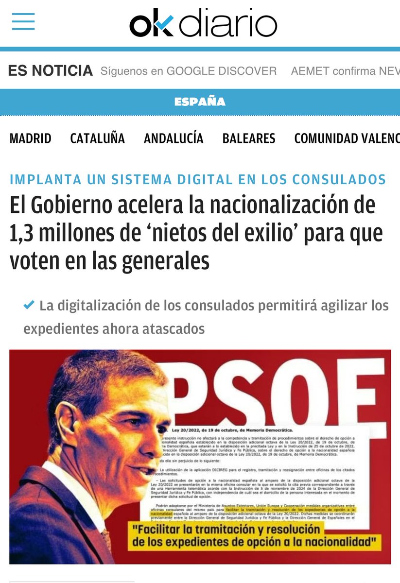Capitana_espana's tweet image. OJO A ESTO 🚩

El Gobierno acelera la nacionalización de 1,3 millones de ‘nietos del exilio’ para que voten en las generales.

Quiere ganar cueste lo que cueste.