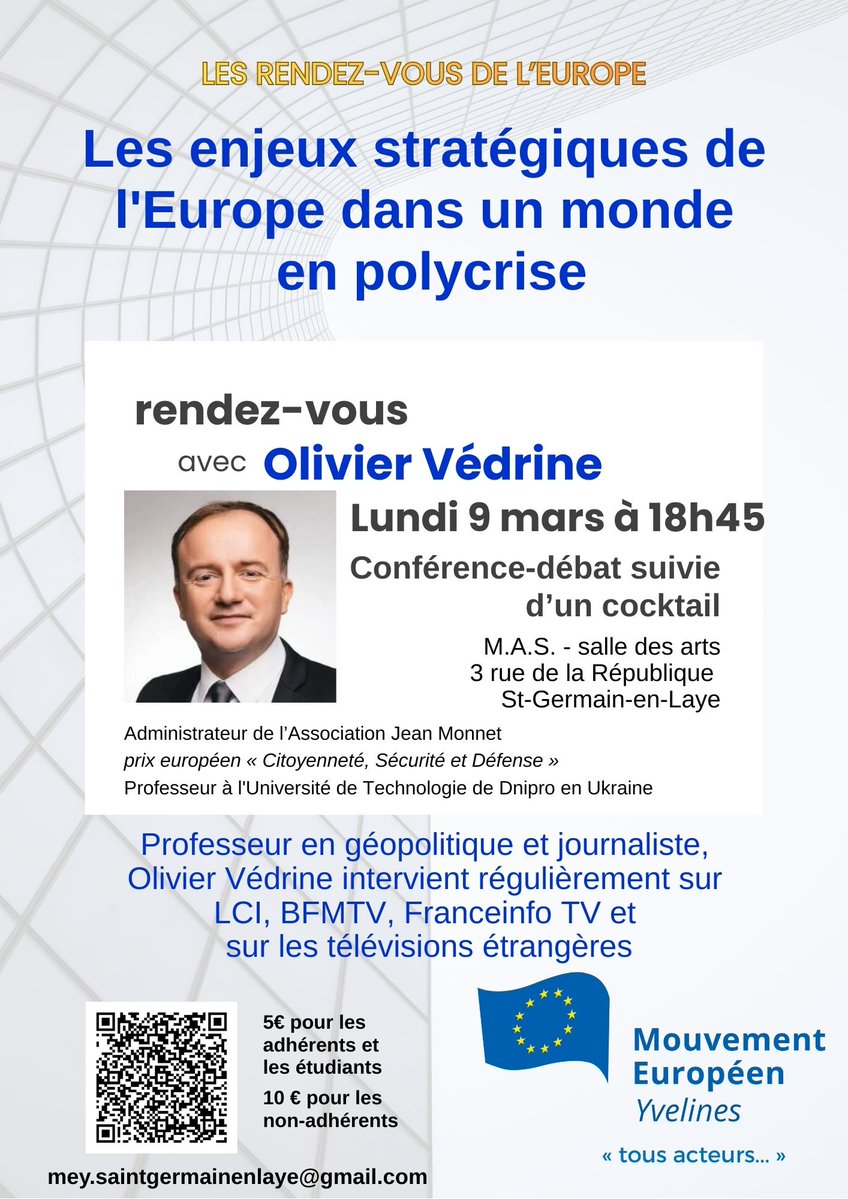 Le <a href="/MouvementEuro78/">Mouvement Européen - Yvelines</a> a l'immense plaisir d'accueillir <a href="/VEDRINEOlivier/">Olivier VÉDRINE</a> lors d'une #conference à <a href="/StGermainLaye/">St-Germain-en-Laye</a>
🗓 9 mars à 18h45
📍Maison des Associations
❓️Les #enjeux stratégiques de l'#Europe dans un monde en #polycrise
👉#Ukraine- #Russie
👉🇪🇺-🇺🇲
👉#Afrique subsaharienne
...