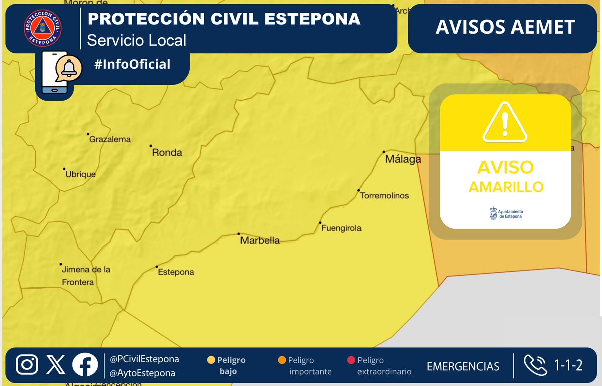 🔊 Actualización de avisos meteorológicos en #Estepona

🟨 Aviso AMARILLO por lluvias
🕒 Desde las 00:00 h hasta las 17:59 h del 05/02/2026

🌧️ Precipitación prevista
• Hasta 15 mm en 1 hora
• Hasta 40 mm en 12 horas
ℹ️ El aviso se refiere principalmente a la mitad occidental