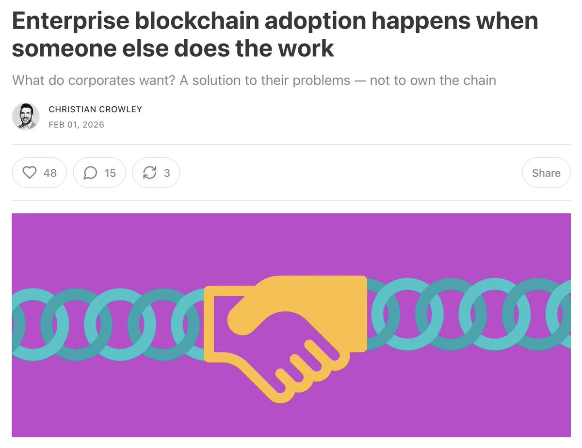Absolutely fantastic piece from <a href="/cc_crowley/">Christian</a> and <a href="/a16zcrypto/">a16z crypto</a> ✨

Enterprises don't want to own blockchain infrastructure. They want it to solve a specific problem: faster settlement, lower reconciliation risk, better liquidity.

"Adoption happens when the chain disappears."

We
