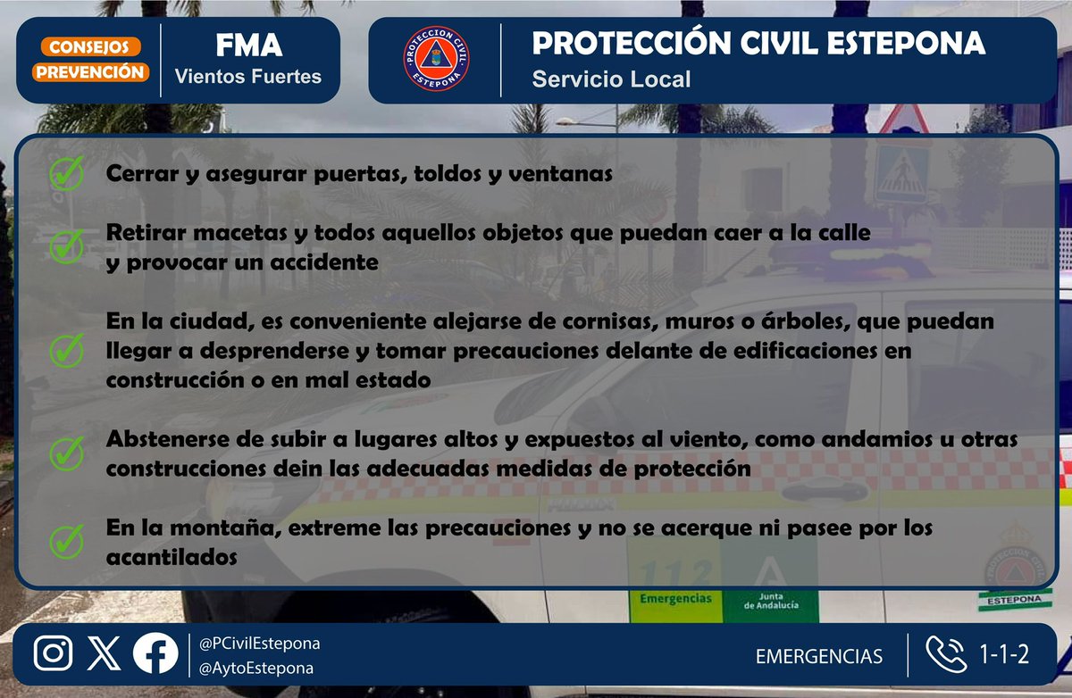 📌 El viento marca la jornada de hoy en #Andalucía 🍃

⚠️EXTREMA LA PRECAUCIÓN  

🪴 Retira del balcón o azotea todos los objetos que puedan caerse (macetas, tendederos, etc.)
🪟 Cierra bien puertas y ventanas
🧱 Aléjate de zonas en obras, de muros o tapias
🛣️ Si tienes que