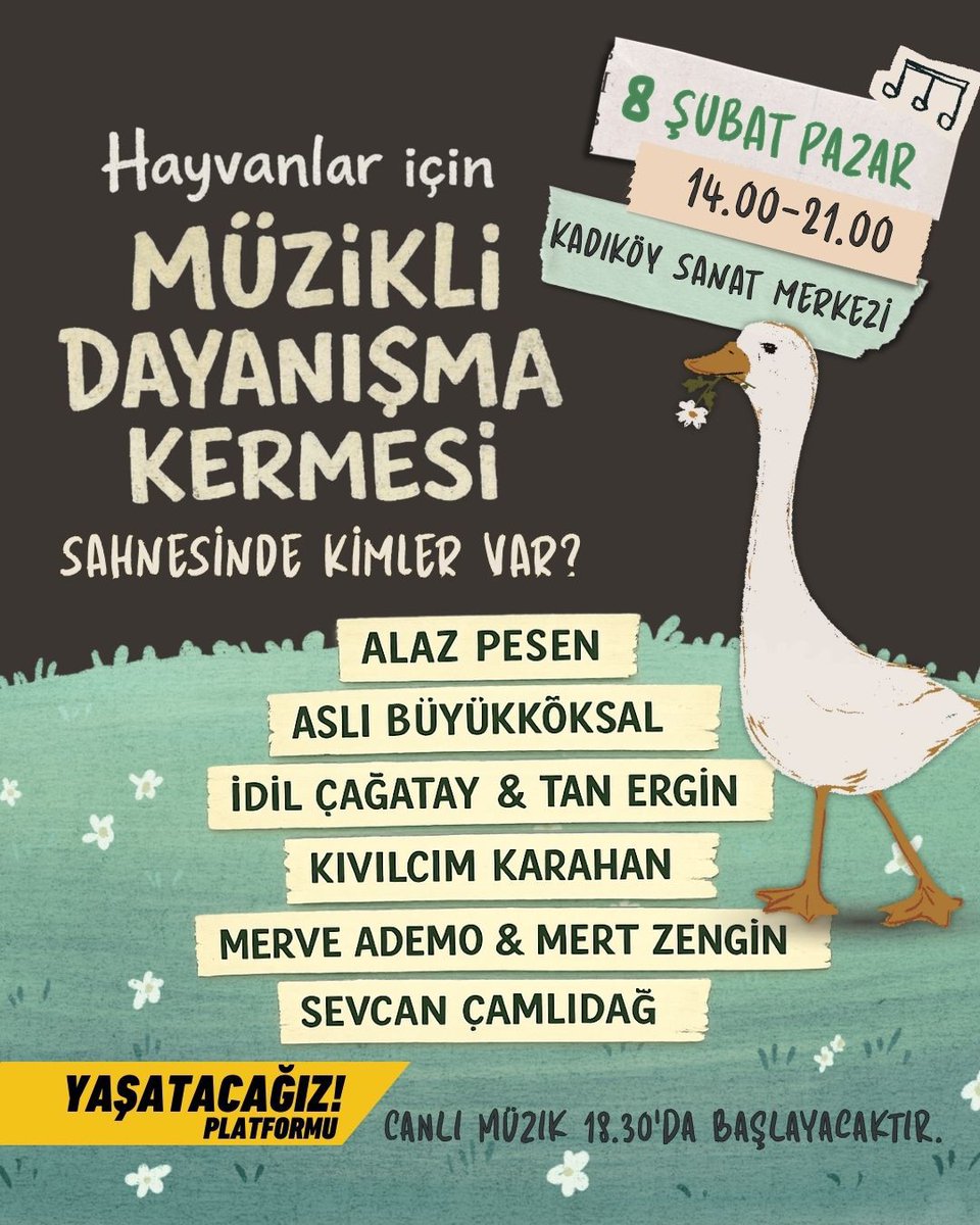 8 Şubat Pazar günü Kadıköy Sanat Merkezi’nde,
Angels Farm Sanctuary’de yaşayan hayvanlara destek olmak için bir araya geliyoruz. 

Kermes masalarımız gün boyunca vegan yemekler ve dayanışmamız için bağışlanan ürünlerle dolu olacak.

Saat 18.30 itibariyle, kuracağımız küçük