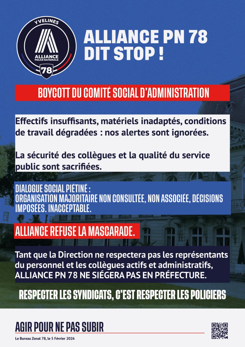 <a href="/AlliancePN78/">Alliance Police Nationale 78</a> refuse de siéger au CSA <a href="/Prefet78/">Préfet des Yvelines 🇫🇷</a>
En cause : un manque flagrant de dialogue social avec la Direction.
Alerter sans être écoutés n’a plus de sens.
Le respect des personnels commence par un dialogue réel, pas de façade.