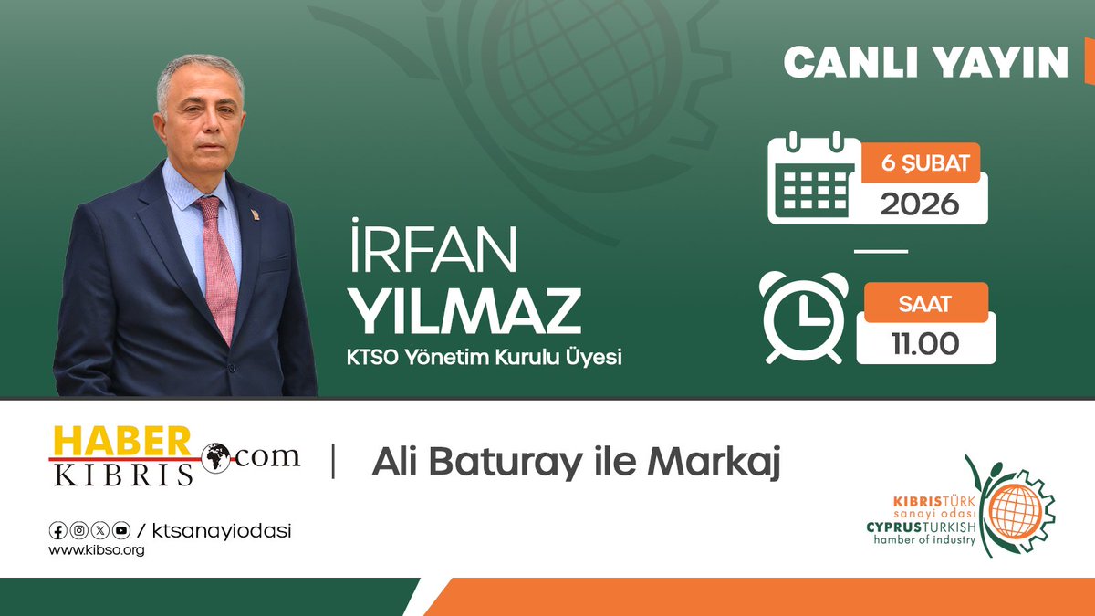 Yönetim Kurulu Üyemiz İrfan Yılmaz, 6 Şubat Cuma günü saat 11.00’de Haber Kıbrıs’ta Ali Baturay’ın sunduğu Markaj Programı’na konuk oluyor! 
Gündeme dair değerlendirmelerini paylaşacağı bu programa hepinizi davet ediyoruz!
#KTSO #İrfanYılmaz #AliBaturayİleMarkaj #HaberKıbrıs