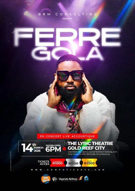 Hello, hello South Africa! I'll be coming to see you on March 14 for a live concert at The Lyric Theater Gold Reef City. I'll be waiting for you. 😀🙌🏾

#FerreGola #SouthAfrica 🇿🇦
