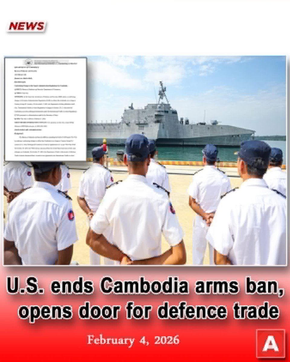 🚨The US has officially removed Cambodia from its arms embargo list, a move published on Wednesday in the Federal Register, marking a significant policy shift after more than 4 years of restrictions tied to concerns over regional relations &amp;governance🇰🇭🇺🇸

facebook.com/share/1CE7faNg…