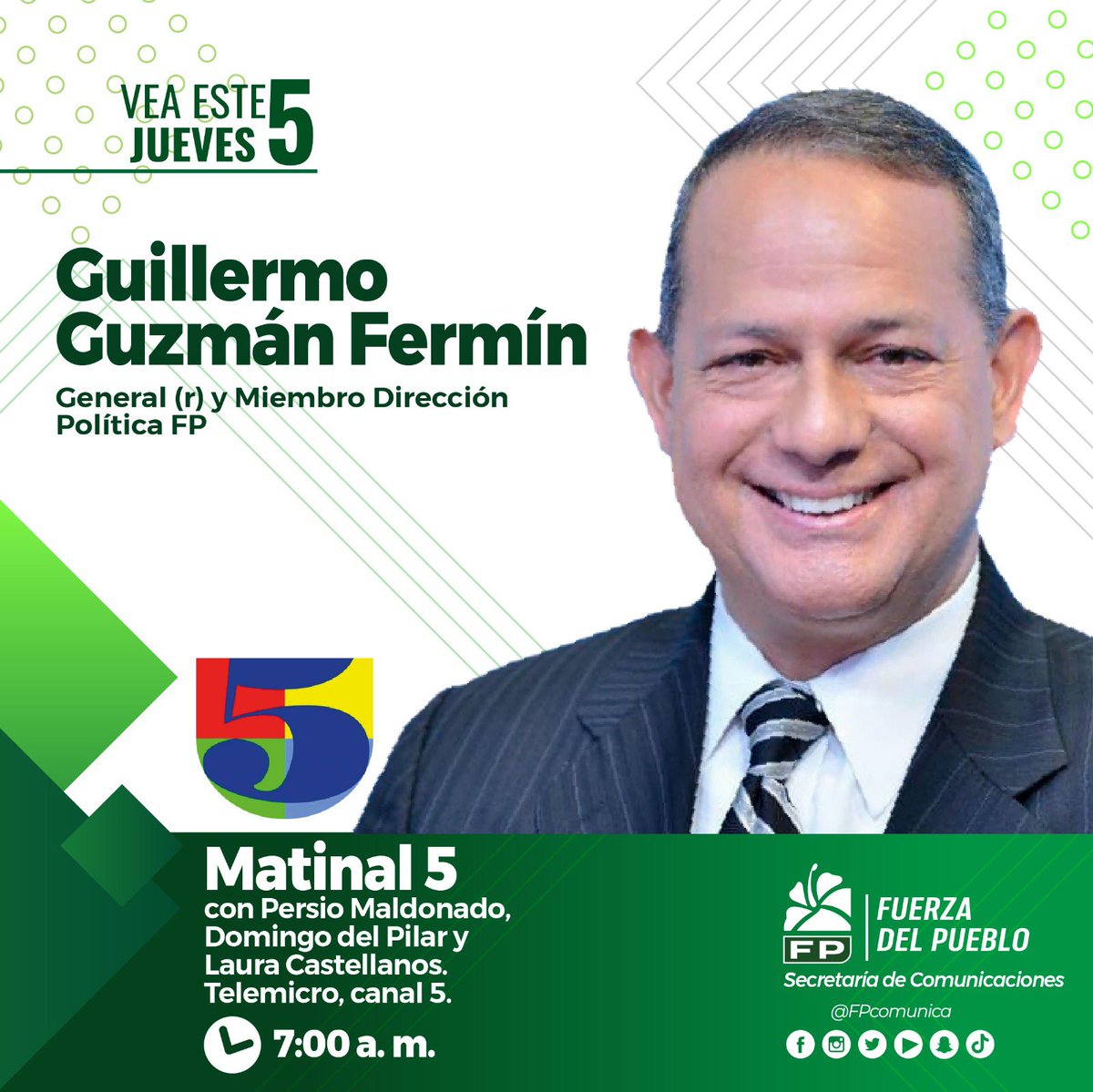 Invito a ver este jueves 5 a las 7:00 AM, nuestra entrevista en el programa MATINAL 5, con Persio Maldonado, Domingo del Pilar y Laura Castellanos, transmitido por TELEMICRO, canal 5.
⭐️🇩🇴⭐️