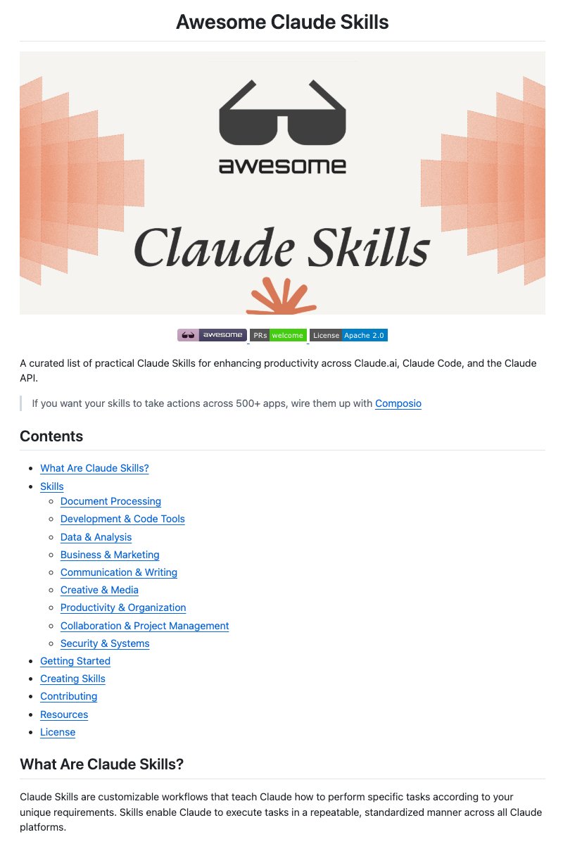 DataChaz's tweet photo. Wild.

By far the most complete Claude Skills repo yet 🤯

@Composio’s Awesome-Claude-Skills packs 100`s of ready-to-use workflows:
↳ PDF tools, changelog generation
↳ Playwright automation
↳ AWS/CDK tools, MCP builders

... and much more!

Free and open-source.

Repo in 🧵↓ https://t.co/dEAGQzAfRt