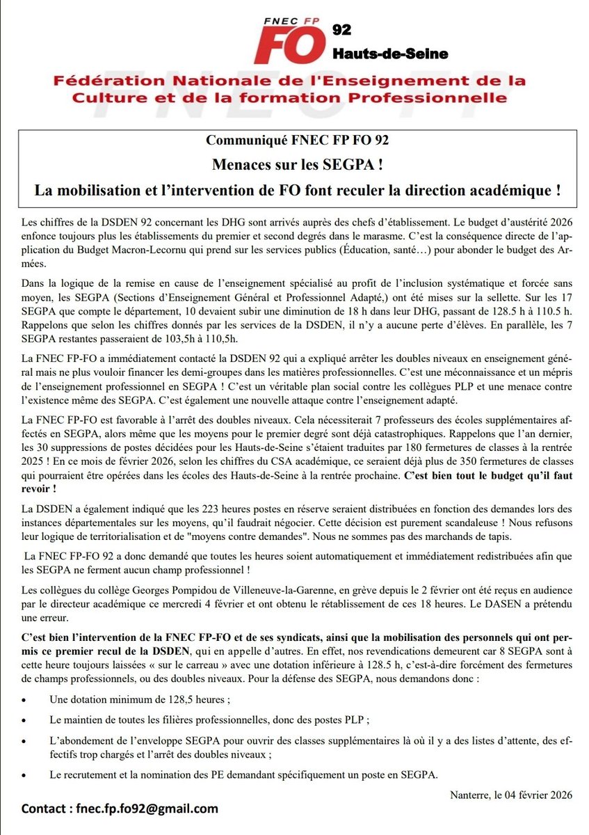 Menaces sur les #SEGPA !
La mobilisation et l’intervention de FO font reculer la direction académique !
C’est bien tout le #Budget2026 qu’il faut revoir !
#HautsDeSeine #EducationNationale
