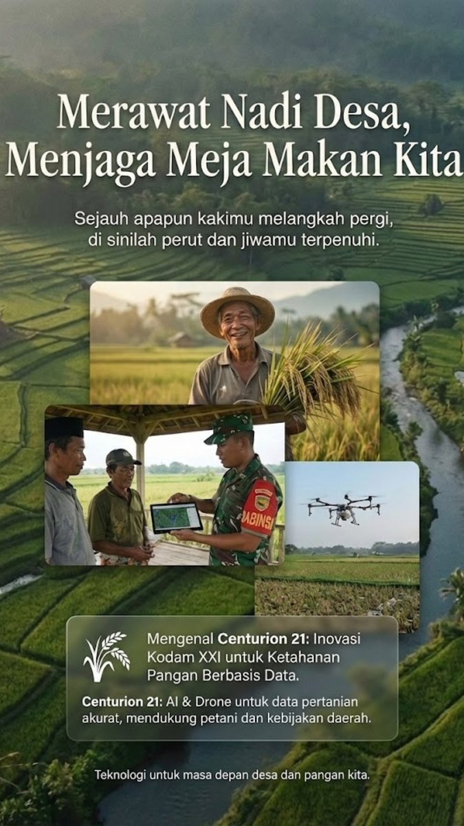 KabarDesa_ID's tweet photo. Siapa sangka, di tengah kedamaian sawah yang kita rindukan, ada teknologi AI dan drone yang sedang bekerja dalam sunyi.

Inilah Centurion 21 dari Kodam XXI. Cara modern Babinsa 'merawat nadi desa' dan menjaga ketahanan pangan kita. Tradisi yang lestari, didukung inovasi🌾🇮🇩 https://t.co/GxYTT7ylvu