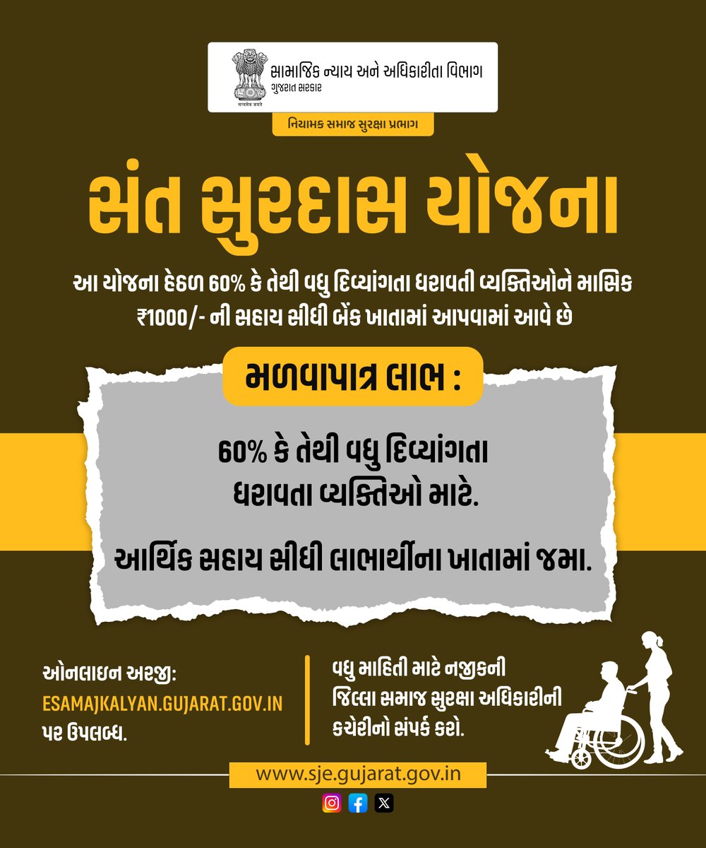 સંત સુરદાસ યોજના
આ યોજના હેઠળ 60% કે તેથી વધુ દિવ્યાંગતા ધરાવતી વ્યક્તિઓને માસિક ₹1000/- ની સહાય સીધી બેંક ખાતામાં આપવામાં આવે છે.