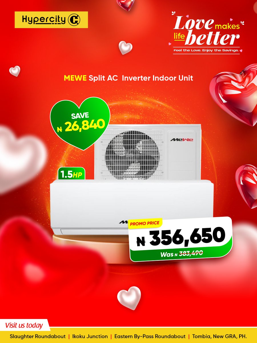 HypercityNg's tweet image. Because comfort matters every day 💨

Enjoy fast cooling, quiet performance, and energy efficiency with our range of Air Conditioners.

Shop smart at HyperCITY.

#HyperCITYValentine
#HyperCITYNigeria
#EverydayComfort
#CoolLiving