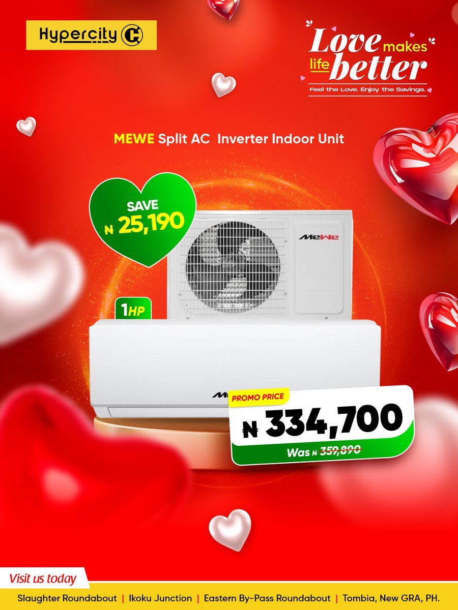 HypercityNg's tweet image. Because comfort matters every day 💨

Enjoy fast cooling, quiet performance, and energy efficiency with our range of Air Conditioners.

Shop smart at HyperCITY.

#HyperCITYValentine
#HyperCITYNigeria
#EverydayComfort
#CoolLiving