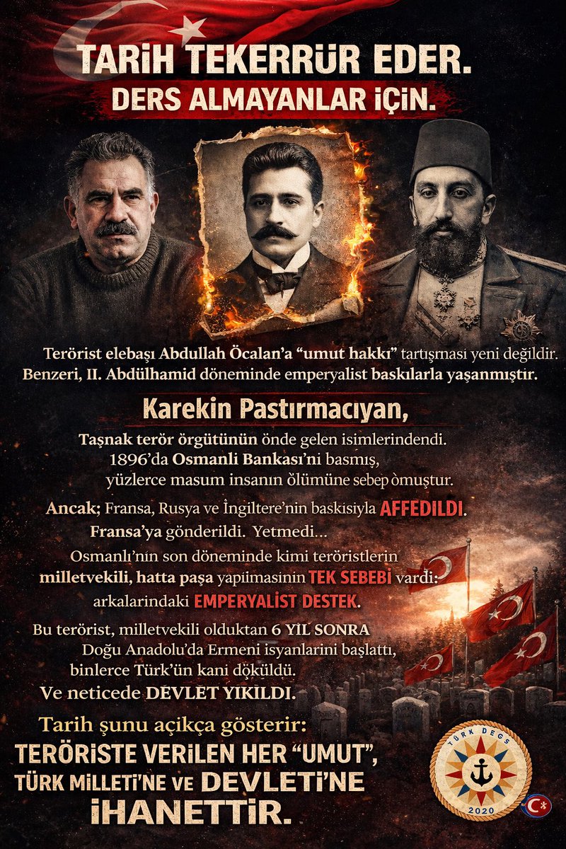 ‼️TARİH TEKERRÜR EDER.
DERS ALMAYANLAR İÇİN.

Terörist elebaşı Abdullah Öcalan’a “umut hakkı” tartışması yeni değildir.
Benzeri, II. Abdülhamid döneminde emperyalist baskılarla yaşanmıştır.

Karekin Pastırmacıyan,
Taşnak terör örgütünün önde gelen isimlerindendi.
1896’da Osmanlı