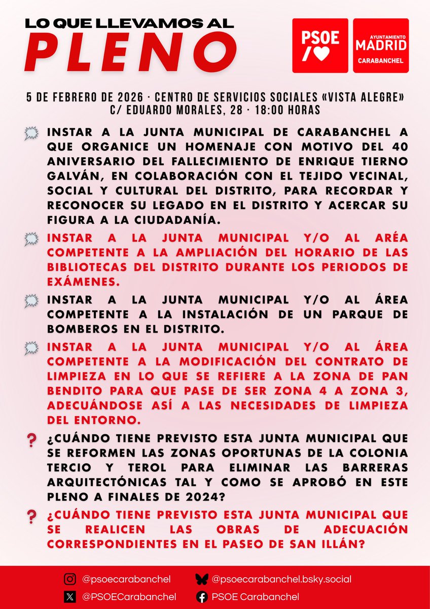 🌹 Esta tarde tenemos pleno, y estas son nuestras proposiciones y preguntas.

📆 Jueves, 5 de febrero de 2026.
🕕 18:00 horas.
📍 Centro de Servicios Sociales «Vista Alegre» | C/ Eduardo Morales, 28.

#PSOECarabanchel