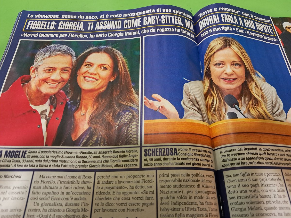 Lo showman <a href="/Fiorello/">Rosario Fiorello</a> propone alla premier <a href="/GiorgiaMeloni/">Giorgia Meloni</a> di totnare a vestire i panni di baby sitter per suo nipote.
La premier ci scherza su <a href="/ViVaRai2Off/">Viva Rai 2</a> <a href="/Radio24_news/">Radio 24</a>