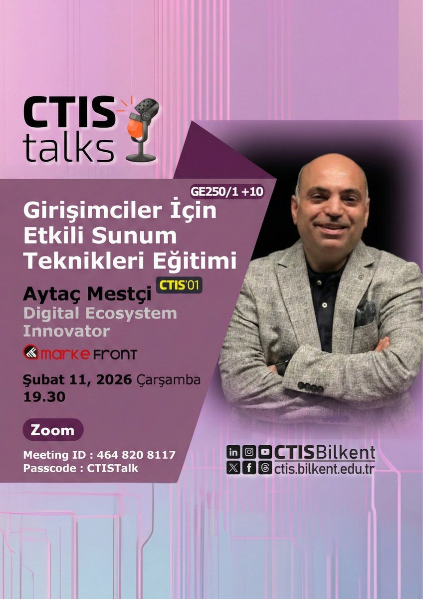 aytacmestci's tweet photo. 🚀 Bilkent CTIS Talks’ta Girişimci Gençlerle Yatırımcı Karşısında Nasıl Etkili Sunum Yapılacağını Konuşacağız
Bir fikriniz var…
Ama yatırımcıya / müşteriye / iş ortağına anlatırken mesaj dağılıyor, süre yetmiyor, etki azalıyor mu?
#CTISBilkent #CTISTalks #girişimcilik https://t.co/yUeKUDJfU6