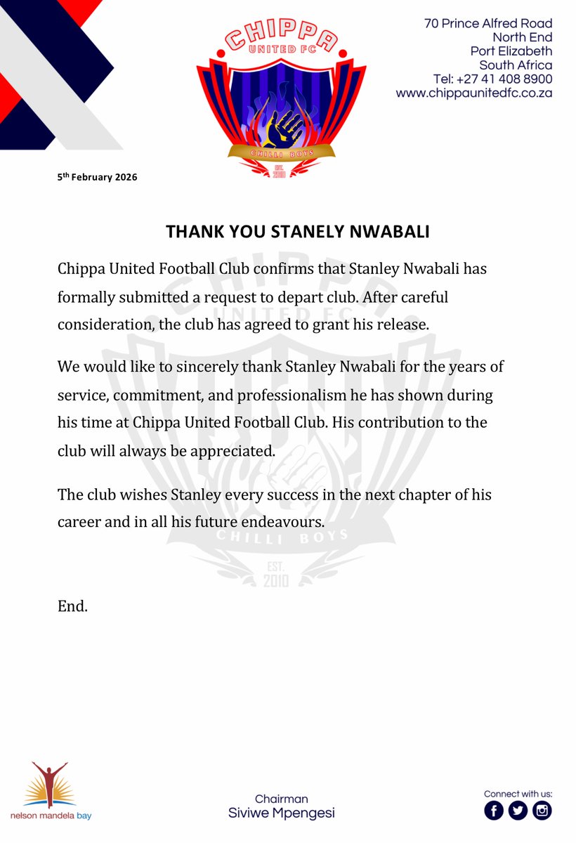 ESPNAfrica's tweet photo. Breaking: South African club Chippa United have announced that goalkeeper Stanley Nwabali has left the club by mutual consent. https://t.co/6Ymj14sV1j