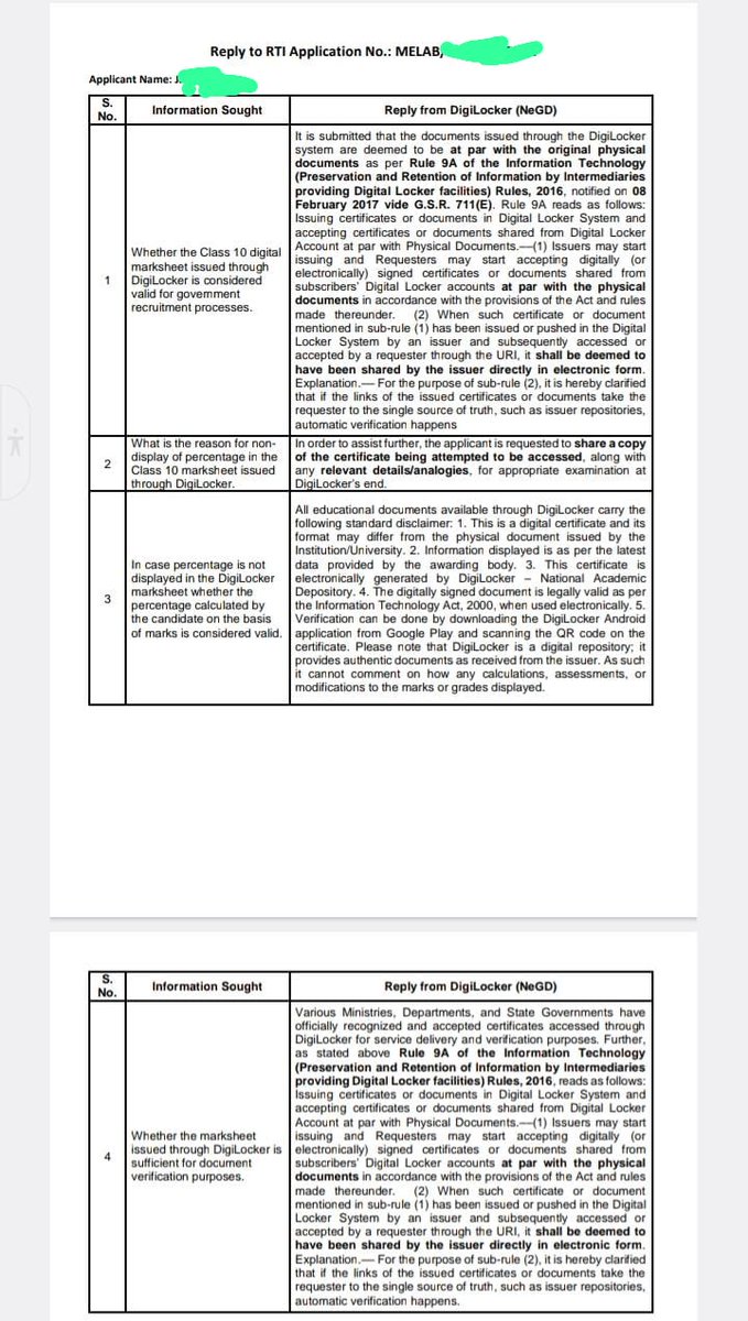 damor_jagmal's tweet photo. DigiLocker से जारी  की मार्कशीट पूरी तरह मान्य है ✅
RTI Reply के अनुसार:
✔ DigiLocker documents = Original documents
✔ Government recruitment में स्वीकार्य
✔ % न दिखना उम्मीदवार की गलती नहीं
📌 IT Act 2000 &amp; DigiLocker Rules 2016 (Rule 9A) के तहत मान्य

#RTI @Radhemahwa https://t.co/EqYeMhsMfh