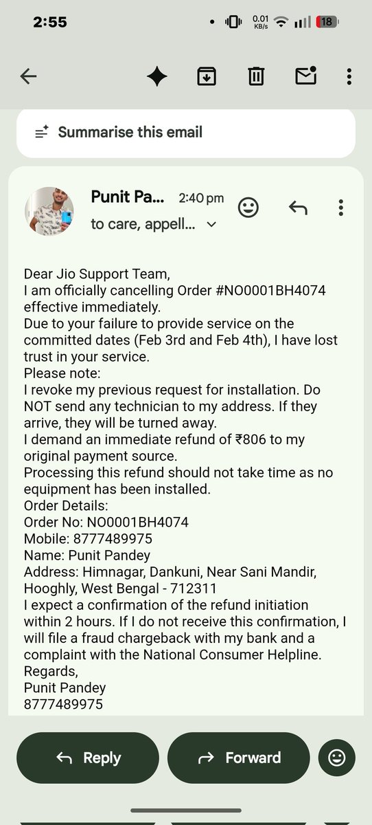 punitpandey100's tweet photo. Cancelled my JioFiber Order #NO0001BH4074 due to fake promises.
@JioCare @reliancejio I do NOT want installation anymore.
I demand an IMMEDIATE REFUND of ₹806. Stop holding my money.
Location: Dankuni, West Bengal.
@DoT_India @jago_grahak #JioFiberScam #RefundMyMoney https://t.co/0IjAvdWsso