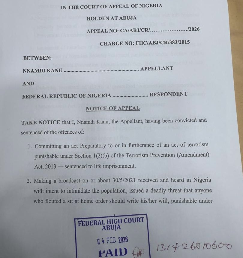 Justin_Chineme's tweet image. BREAKING NEWS: Nnamdi Kanu has appealed his conviction, faults terrorism trial