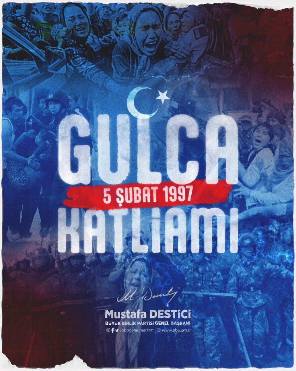 Mustafa_Destici's tweet photo. 5 Şubat 1997 günü, Doğu Türkistan’ın Gulca vilayetinde, Kadir Gecesi vesilesiyle bir evde toplanan kadınlara, Çin polisi tarafından baskın yapıldı ve bu zorbalığa direnen kadınların üzerine ateş açıldı.
Gulca’da toplanarak cinayetlere tepki gösteren bölge halkına da ateş açıldı.
Uluslararası Af Örgütü raporuna göre, olaylarda 100’ün üzerinde Doğu Türkistanlı kardeşimiz ateşli silahla vurularak hayatını kaybetti.
300’den fazla Doğu Türkistan Türkü ise -30 derece soğukta, üzerlerine tazyikli su sıkılarak soğukta bekletildi ve donarak hayatlarını kaybettiler.
Olaylar bahane edilerek 200’ün üzerinde Doğu Türkistanlı idam cezasına, 90 kardeşimiz ise müebbet hapis cezasına çarptırıldı.
Gözaltına alınanların büyük çoğunluğundan haber alınamadı.
Katliamın 29. yılında, hiçbir cinayetin unutulmayacağı ve her birinin hesabının mutlaka sorulacağı inancıyla, katil ve soykırımcı Çin yönetimini bir kez daha lanetliyor, Gulca’da ve Doğu Türkistan’da şehit edilen tüm Doğu Türkistanlı kardeşlerimizi rahmetle yâd ediyorum. Ruhları şâd, mekanları cennet olsun.
Elbet gün gelecek ve Doğu Türkistan tekrar bağımsızlığına kavuşacaktır.