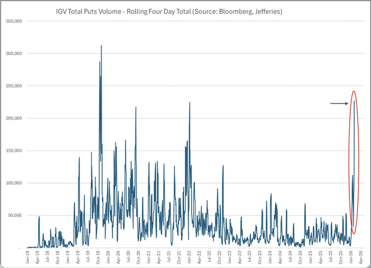 InvestingDE's tweet image. Während der Software-Selloff zuletzt an Dynamik gewonnen hat, explodieren die Put-Volumina im IGV. Das Ausmaß ist historisch und zeigt, wie stark der Absicherungsbedarf zuletzt gestiegen ist.

#IGV #Optionen #Aktienmarkt #Software