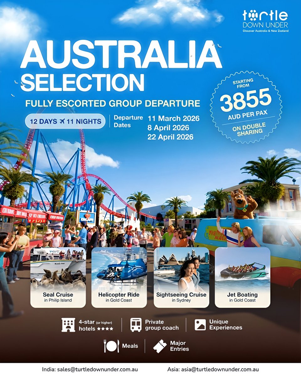 TDU_au's tweet image. Australia Selection – Fully Escorted Group Departure  Handpicked highlights.

🗓 12 Days / 11 Nights 
📍 Sydney • Gold Coast • Phillip Island &amp;amp; beyond 
🚁 Scenic helicopter flights, cruises &amp;amp; thoughtfully curated experiences 
💰 From AUD 3,855 per pax (double sharing)

#AskTDU