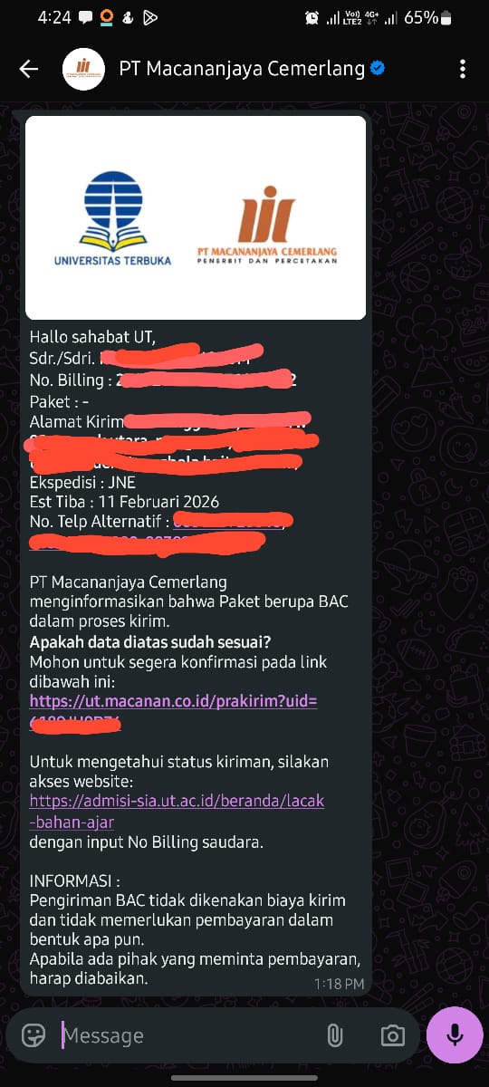 _kqueenly's tweet photo. @utfess aku regist tgl 1 feb, dapet WA gini nder. Ada yang samaa gaa? https://t.co/ZOMRTfdMXX