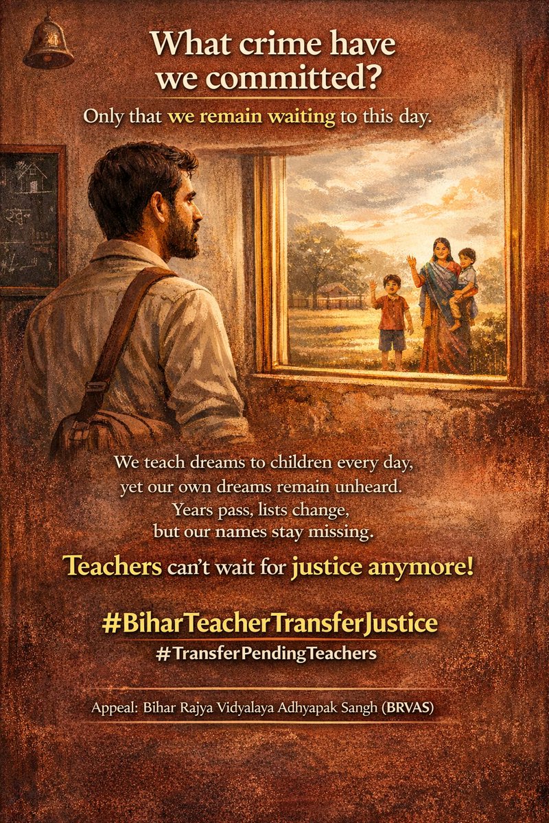 हम रोज़ भविष्य गढ़ते हैं,
पर अपना भविष्य ठहरा है।
सूचियाँ बदलीं, साल गुज़रे,
नाम आज भी अधूरा है।
ये मांग नहीं, अधिकार की बात है—
शिक्षकों को अब न्याय चाहिए।
#BiharTeacherTransferJustice