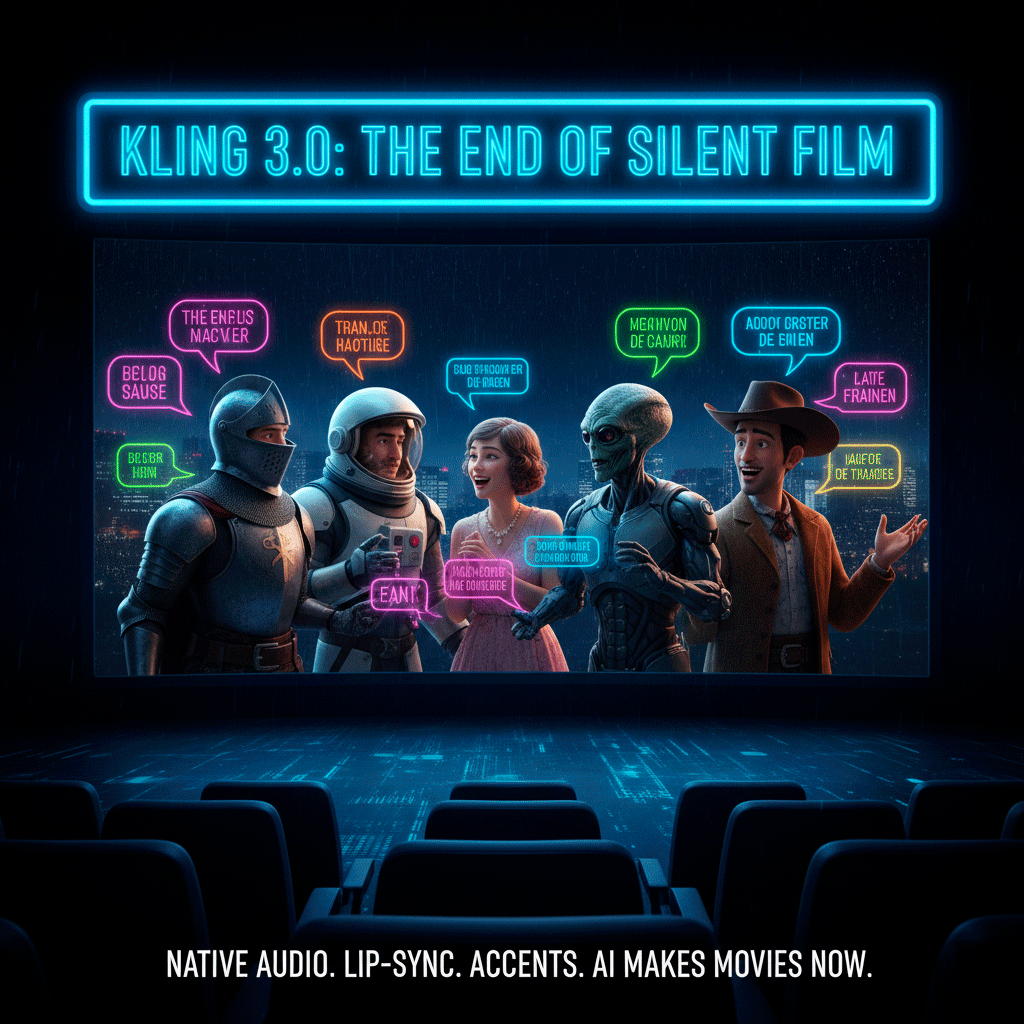 code_leverage's tweet image. The Silent Film era of AI video just ended today.

Kling 3.0 just dropped with native audio, meaning characters finally talk with actual lip-sync and accents. 

We aren't making GIFs anymore; we are making movies