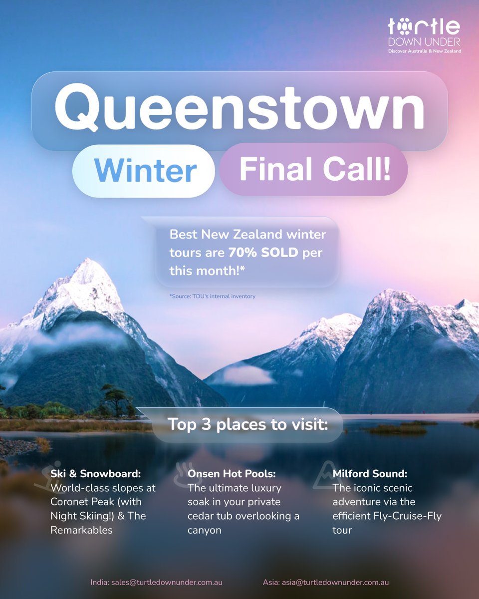TDU_au's tweet image. Queenstown winter is now almost 70% SOLD OUT! 

Don’t let this last profit opportunity of the season slip away. Our best-selling NZ winter tours are filling fast - this is your final chance to lock in packages for the Big 3.  Secure your remaining inventory NOW!

 #AskTDU
