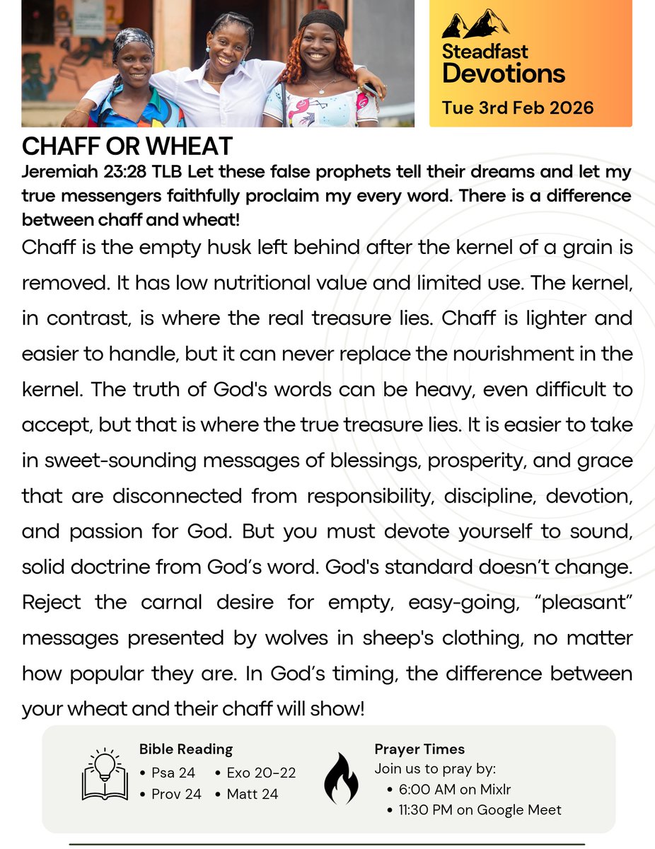 newbreedccng's tweet photo. CHAFF OR WHEAT

Dear believer, you must devote yourself to sound, solid doctrine from God's word.

Read, Like and Share 💫 https://t.co/cN8LBg2Fyz