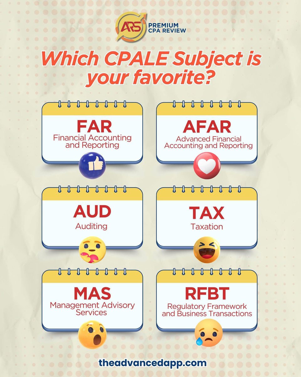 ARSCPAReview's tweet photo. What’s your favorite CPALE subject? Share it with us! 

Review smarter with the right tools and support.

Start your CPALE journey with ARS CPA Review today!

#ARSCPAReview #CPALEPrep #FutureCPA #AccountancyStudentsPH #FaveSubject #ReviewSmart #ARSApp https://t.co/s9Z1WjjnGh
