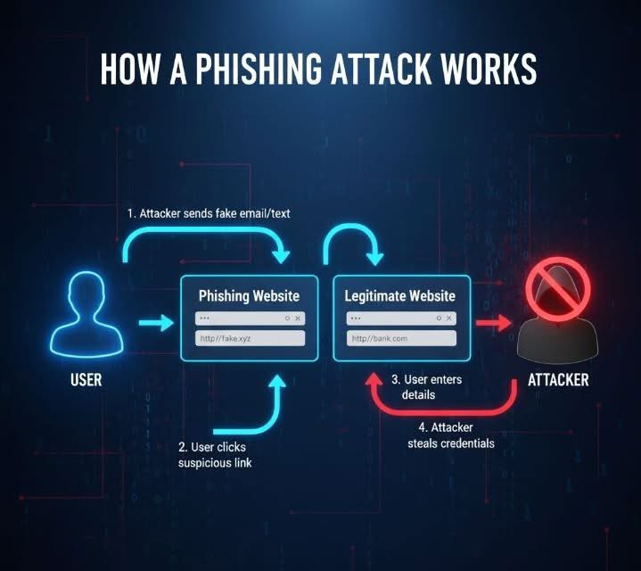 theprivatehack's tweet image. How Phishing Attacks Work &amp;amp; How to Protect Yourself
(Cybersecurity Awareness)
This image explains how phishing attacks work and why they are dangerous.
What's happening in a phishing attack:
Attackers send fake emails or messages
Victims click a suspicious link