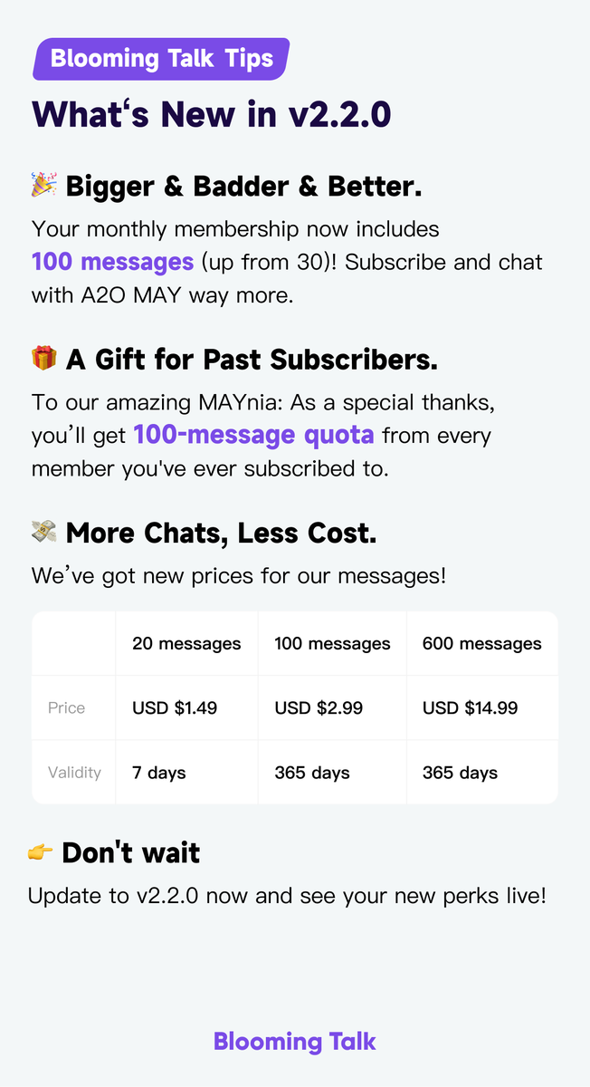 BloomingTalk's tweet photo. What's new in v2.2.0
🚀Your BloomingTalk membership now includes 100 monthly messages (up from 30)! 
🎁 A Gift for Past Subscribers.
If you've EVER subbed to any member, You will receive 100-message quota from each of them.
💰 New message packs are live. https://t.co/EFN6ExO3cu