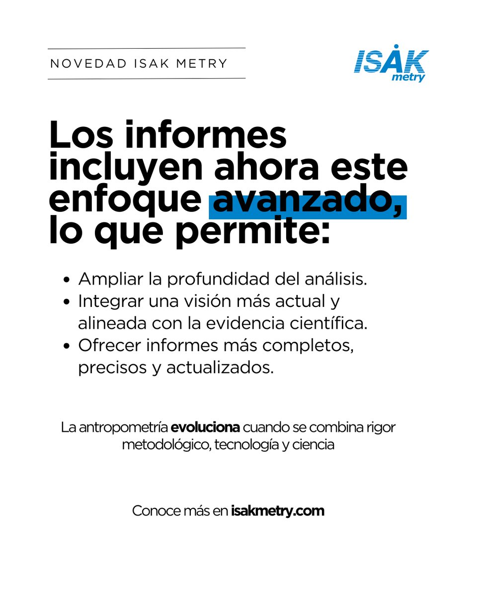 Novedad ISAK Metry

Los informes incorporan un enfoque molecular de la composición corporal.

Más profundidad, mayor precisión y una visión alineada con la evidencia científica.

ISAK Metry no solo mide.
Interpreta. Profundiza. Evoluciona.

#ISAKMetry #ComposiciónCorporal