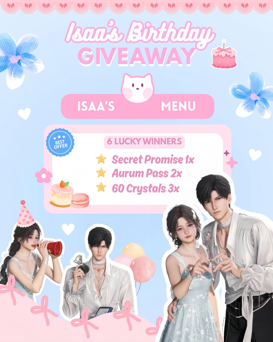 💖 GIVE AWAY - LOVE &amp; DEEPSPACE🎂

🎁 6 Winners
- 1 Secret Promise
- 2 Aurum Pass
- 3 60 Dias

End🗓️: 8 FEB 2026

Disponsori oleh kakak Isaa <a href="/stoichearts/">Isaa ࣪˖ ִֶָ𐀔⋆</a> dalam rangka bday!🎉

Syarat GA :
• Like &amp; RT postingan ini
• Like &amp; RT postingan yang sho QRT dibawah ini
• Reply dengan