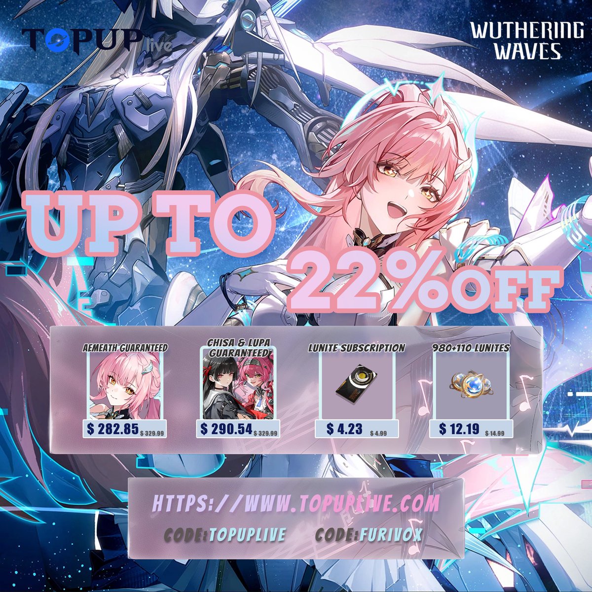 🌸 Aemeath is finally here! Are you ready?

🚀 Get UP TO 22% OFF on all Wuthering Waves top-ups at Topuplive! 
✨ Safe, Instant Delivery, and 100% Secure.

🔥 Use Code: [topuplive] or [furivox]

👇 Top up here: topuplive.com/wuthering-wave…
#wutheringwaves #Aemeath #gacha
